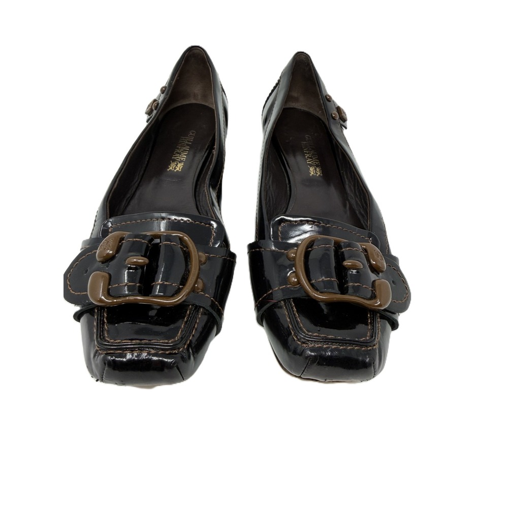 Guillaume Hinfray Patent Leather Buckle Square Toe Ballet Flats Brown Size 38